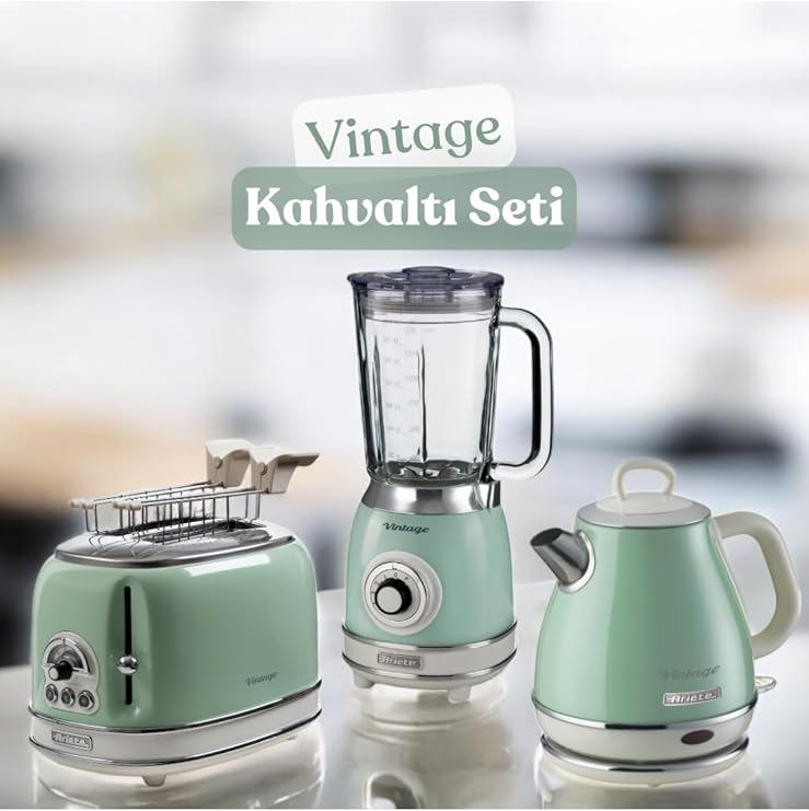Vintage Kahvaltı Seti Su Isıtıcı Kettle + Smoothie Cam Blender + Ekmek Kızartma Makinesi + Fi