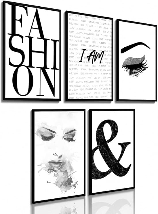4Good Fashion Wall Picture Set of 5 - Black White Posters with Face Eyes & Fashion Lettering - Wall Decoration for Living Room Bedroom & Dressing Room - A4 without Frame