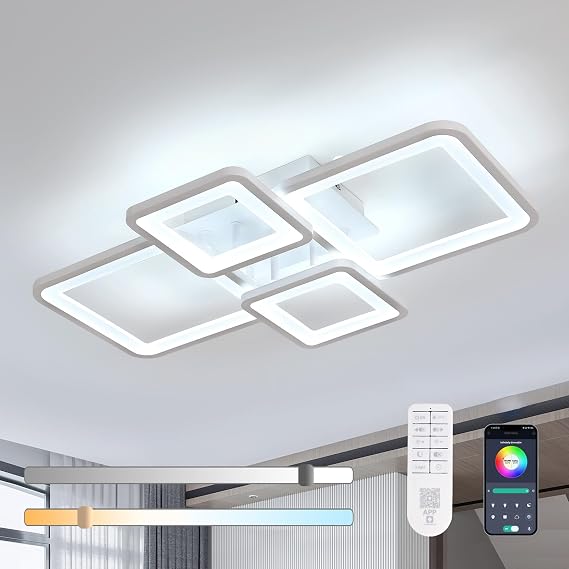 LED Ceiling Light Dimmable 62CM, 54W 6075LM LED Ceiling Lighting with Remote Control/APP, 3000K-6500K, Modern Square Acrylic Ceiling Lights for Living Room Bedroom Dining Room Kitchen, White [Energy Class E]