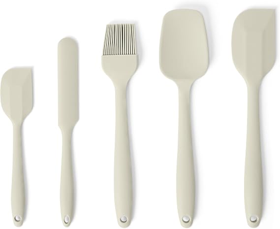 Amazon Basics Silicone Spatulas, Set of 5, BPA Free, Heat Resistant and Dishwasher Safe, Linen Grey