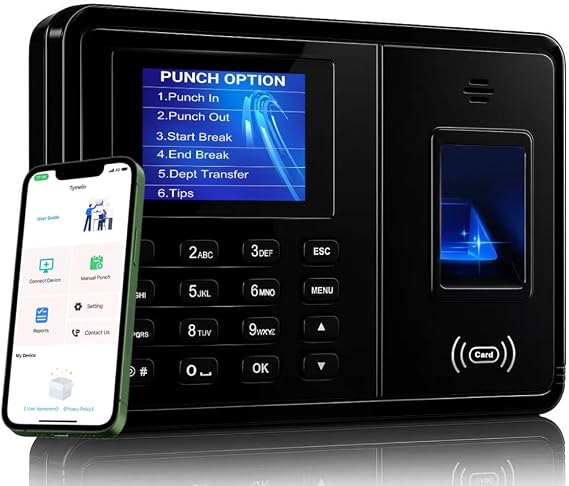 App Based Clocking in Machine Time and Attendance Recorder for Employees Small Business with Fingerprint, Card and PIN，Auto Deduct Lunch Time,Weekly OT,10 IC card, IOS/Android App, No Monthly Fee