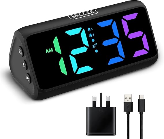 Netzu Loud Alarm Clock for Bedroom, Digital Alarm Clock with RGB Led Display, Dual Alarm, 5 Dimmers, 4 Volumes, Power-Off Memory, Mians Powered Bedside Clocks for Heavy Sleeper Kids Teens Elderly