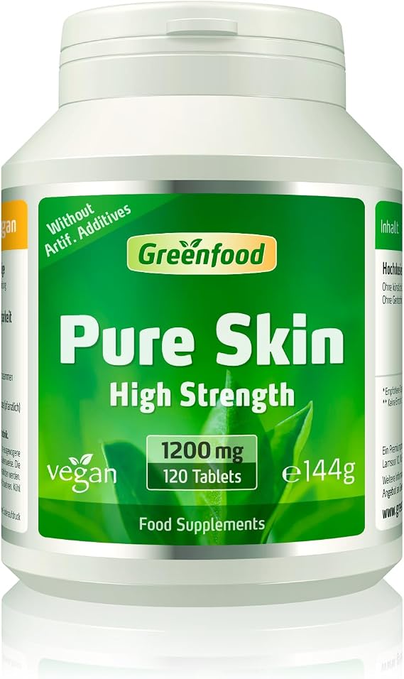 Greenfood Pure Skin, 1200 mg, Extra high Dosage, 120 Tablets, Vegan - contributes to Normal Skin, Hair (biotin) and Regulation of Hormone Activity (Vitamin B6). Without Artificial additives. No GMO.