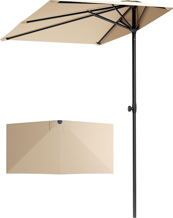 PHI VILLA 2.5x1.3m Half Parasol with Clamp, Height Adjustable Patio Umbrella, Space Saving Rectangle Garden Parasol, Sun Shade UV50+ Protection for Garden Balcony, Beige