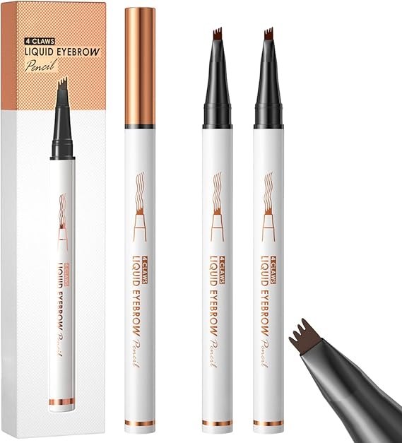 2 PCS Eyebrow Pencil, New Waterproof 3D Eyebrow Pencil with 4 fork Tips, Hair Drawing Microblading (Black)