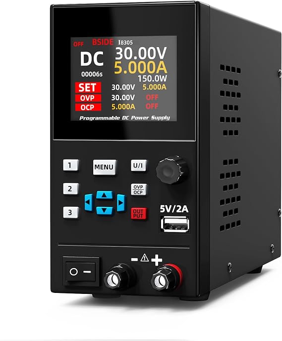 BSIDE DC Power Supply Variable 30V 5A 1mA Dual Fine-Tuning Regulated Switching Power Supply with 4-Digits 6-Lines Display Constant Voltage/Current Memory DIY Workbench Power Supply for Electronics