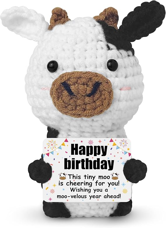 Guokoko Mini Positive Crochet Cow Gifts for Women Men Friends, Inspirational Emotional Support Stuffed Animal Handmade Crochet Cows Gifts for Coworker Friend Birthday Party Decorations (Birthday)