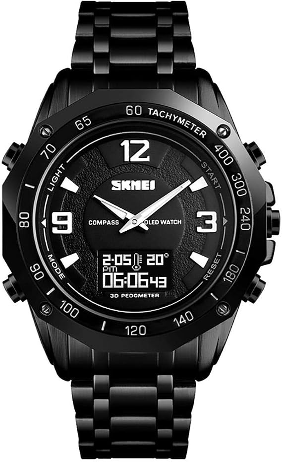 SKMEI Dual Time Gadget Watch Pedometer Stopwatch Countdown Alarm Compass Stainless Steep Strap