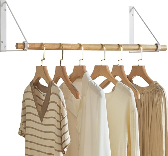 IBUYKE Wood Wall Mounted Clothes Rail, 80cm Wall Coat Rack, White TYJ005W
