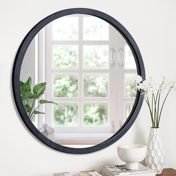 JJUUYOU Round Mirror Circular Wall Mounted Mirror for Bathroom Vintage Wood Framed Rustic Make up Mirrors for Living Room Bedroom Dorm Entryway