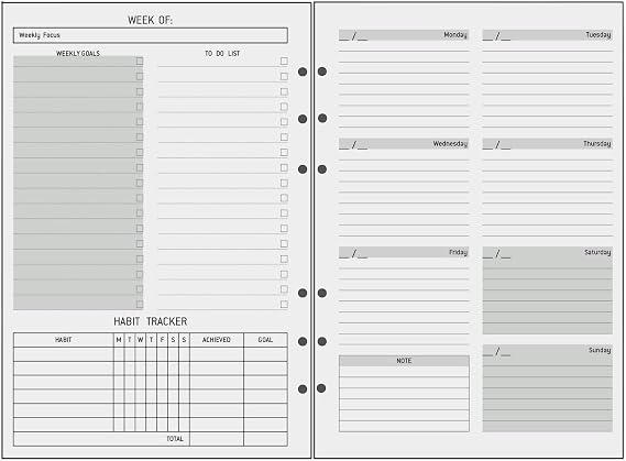 Undated A5 Diary Week to View Refill - 1 Week on 2 Pages, Section with To Do List, Goals & Habit Tracker, Extra Notes, Contact Pages, Weekly Planner Insert for A5 Binder, Thicker Paper 100 gsm, UK