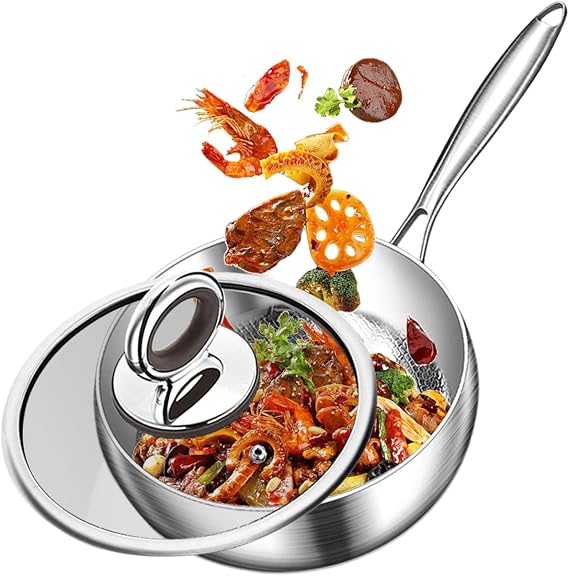 Titanium Frying Pans Nonstick Thickened Multi-Layer Titanium Stock Pot, Titanium Wok Pan Even Heating for CookingSilver,11.8 in