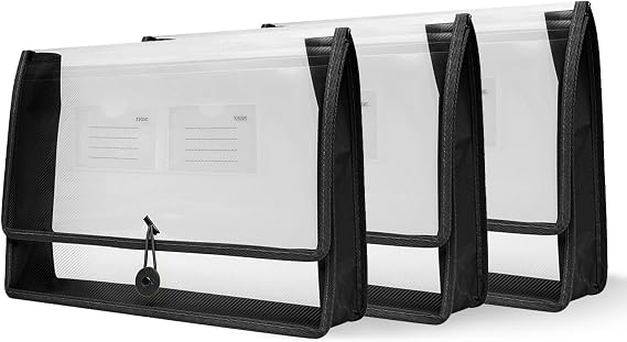 3 Pack File Folder A4 Document Folder Expanding File Organiser with Elastic Closure Portable Plastic Document Pockets for School Office Home- Black