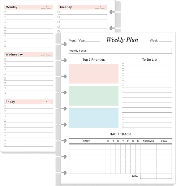 (2-Pack) 9 Disc Weekly Planner Undated Refills - Classic Size 106 Sheets/212 Pages Colorful Weekly Planner for Happy Planners Insert, 100 gsm White Paper, Lasts 2 Year, Undated, 7" x 9.25"
