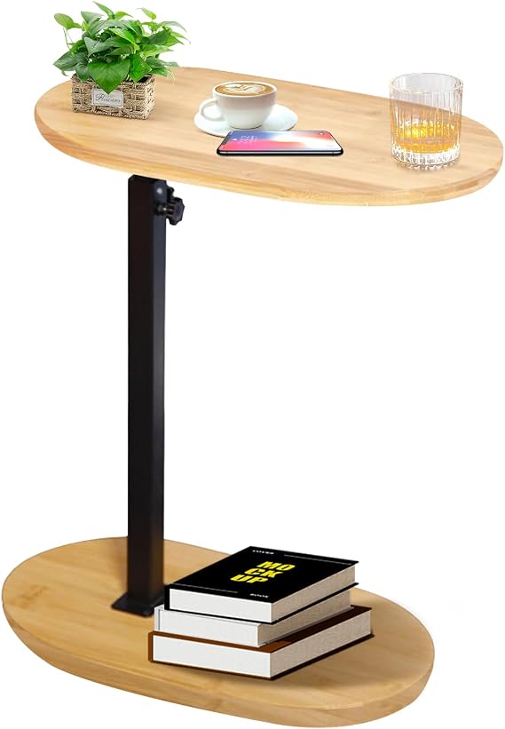 C Shaped Side Table Height Adjustable Sofa Table Over Bed Table Bamboo & Metal Under Sofa Table for Living Room Bathroom Couch Bedroom
