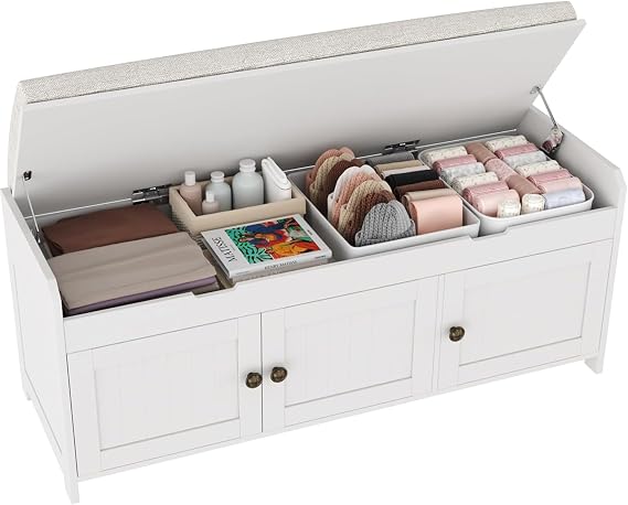HOME BI Shoe Bench, Storage Bench with Padded Seat Cushion, Bench with 3-Door Storage Cabinets,Shoe Cabinet for for Entry, Bedroom, Cloakroom, Living Room and Hallway,White