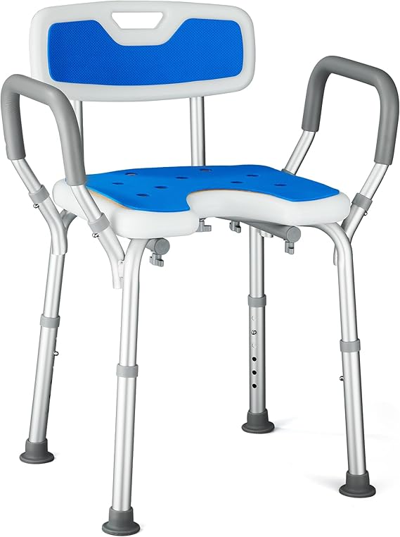 U-shaped Shower Chair with Back and Arms, 6-Level Height Adjustable Shower Stools for Elderly Disabled Seniors and Pregnant, Anti-Slip Bathtub Chair with Cushion