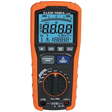 Klein Tools ET600 Multimetre, Megohmmetre İzolasyon Test Cihazı, 4000 Ohm Direnç, 125V/250V/500V/1000V, Otomatik Aralık Ayarlı TRMS Multimetre