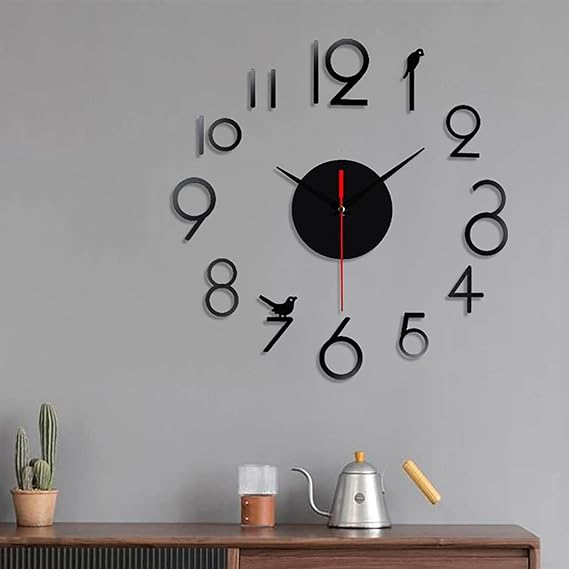 Yuanpgky 3D Frameless Wall Clock with Silent Movement and DIY Number Stickers for Home Decor, Living Room, Bedroom and Office - 60cm Diameter Acrylic Mirror Design with(Black)