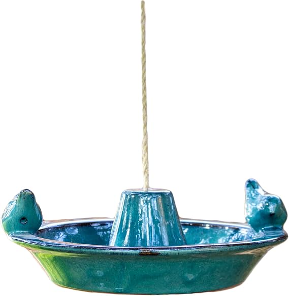 Hanging Ceramic Bird Bath Feeder, Blue Glazed Round Bowl with Perched Birds, Rope Hanger, 30cm Wide, Weather Resistant