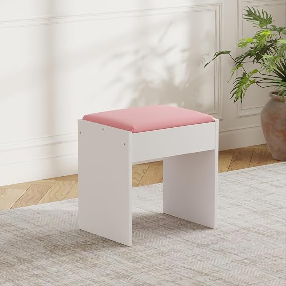 White/Pink Dressing Table Stool, Baroque Style Vanity Stool with Soft PU Leather Cushion, Sturdy Frame, Multi-Use Bedroom stool Chair for Makeup, Piano, Entryway – Quick Assembly (pink-40cm)