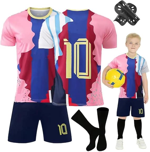Kids Football kit,#7#10 Commemorative Edition Soccer Jerseys Football Kits for Kids Boys Girls,Training Shirts Shorts Socks Guard Plate Keychain, Gifts for Children