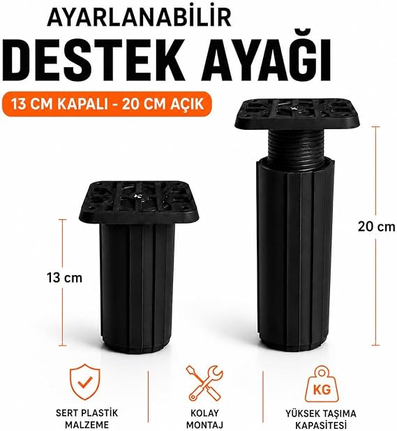 Siyah Ayarlanabilir Kare Başlı Destek Ayağı 13x20 Cm Sert Plastik Tekli Dolap Mobilya Ayağı