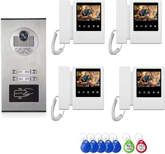 Video Intercom System for Apartment,2/3/4/6/8/10/12 Family Units 4.3 inch Monitor Wired Video Door Phone Kit,Indoor Outdoor Video Doorbell, Doorphone Telephone Style,2 Way Audio (For 4 family)