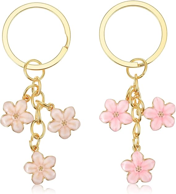2 Pcs Cute Keychains for Women, Flowers Charms Car Key Chain Gold Keychain Bag Charm Keyring Gifts for Women Girls Purse Bag Backpack Accessories (Pink + White)