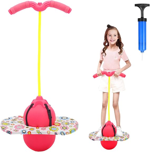Pogo Ball with Handles Pogo Stick Bouncy Ball for Children Bouncy Bar with Air Pump Pogo Ball for Training Balance Jump Game Gift for Children from 6 Years (Pink)