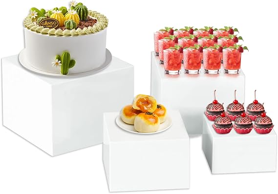 4Pcs Buffet Risers, 5x6x7x8in Large White Display Stands Acrylic Food Risers for Buffet Table Display Boxes with Hollow Bottoms Dessert Table Display Set for Party Wedding Cupcake Collectibles Jewelry