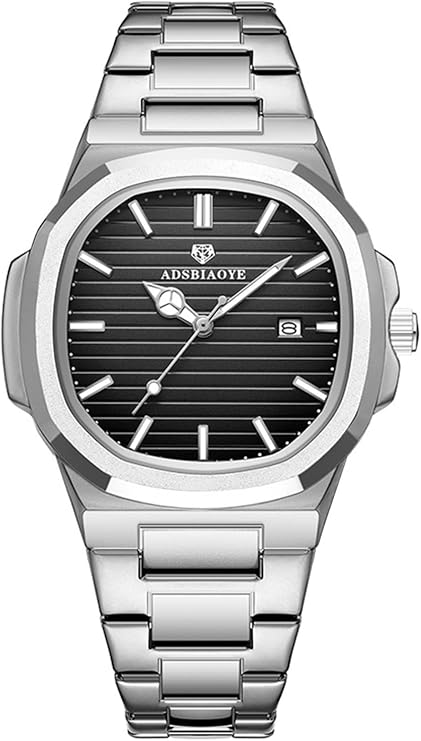 ADSBIAOYE Men's Classic Square Watch Silver Stainless Steel Watch Analog Quartz with Date Luminous Hands Waterproof Business Casual Watches for Men