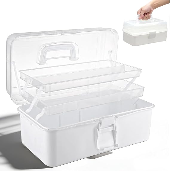 3 Layer Multipurpose Storage Box, 27.5x17x13cm Craft Sewing Organiser Boxes Plastic Tool Case with handle for Hair Accessories Art Supply Makeup (White)