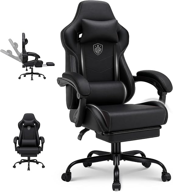 GTPLAYER Gaming Chair with Footrest, High Back Computer Chairs for Adults with Linkage Armrest Lumbar Support Heavy Duty 350lbs Ergonomic Swivel PC Game Chair for Office, Grey