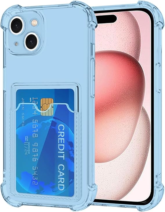 iPhone 15用ケース カードホルダー付き クリア ウォレットカバー スリム ソフト 保護カバー 傷防止 電話カードケース iPhone 15用 クリスタルブルー