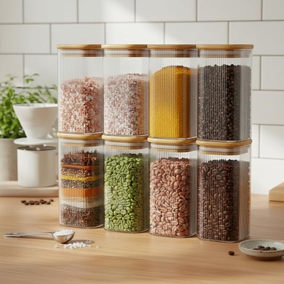 Deconox 6'lı Set 520 ml Bambu Kapaklı Kare Cam Kavanoz - 6x15 cm Vakumlu Ekstra Uzun Boy Şeffaf Erzak Kabı Spagetti Makarna Kahve Bakliyat ve Mutfak Düzenleyici Saklama Kutusu