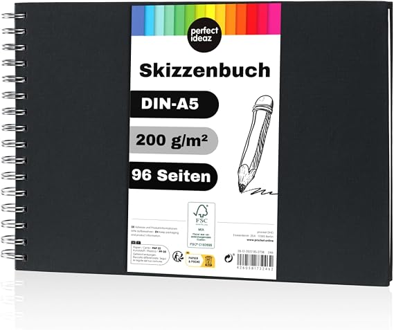 perfect ideaz DIN-A5 Sketchbook, 96 Pages (48 Sheets), Professional Drawing, Black Hardcover, Spiral Bound with Blank Paper, 200g, Black Blank Notebook for Drawing