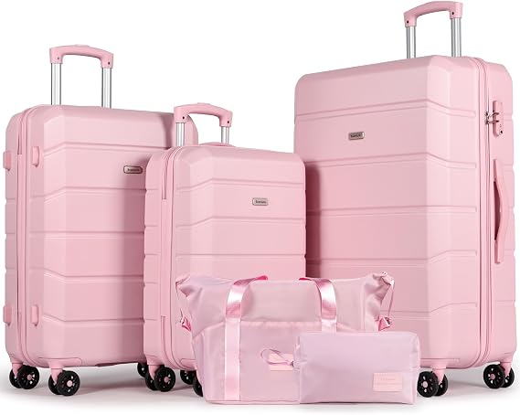 5 Piece Luggage Sets, 20”+24”+28” Suitcase Set for Family-Pink
