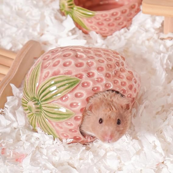 Ceramic Hamster Hideout, Strawberry Hamster House and Habitat, Syrian Hamster Hideout Decor Cool Bed for All Season Gerbil, Mice Guinea Pig (Pink, Strawberry)