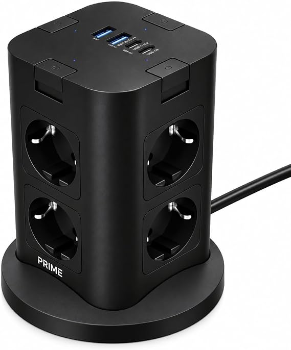 Robeve Fulltech PRIME 8’li Akım Korumalı Kule Priz 3680W - PD 20W, 1050J Koruma, 2 USB-C + 2 USB-A, 4 Bağımsız Güç Anahtarı, 2 Metre Kablolu Dikey Çoklu Priz Grup Priz Kule Tipi Grup Priz