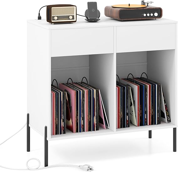 COSTWAY Record Player Stand with Charging Station, Turntable Stand End Side Table with 2 Drawers and 6 Dividers, Metal Legs Albums Vinyl Record Storage Cabinet Holder for Living Room Bedroom (White)