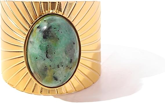 Geometric Wide Statement Ring for Women Men, Chunky Oval African Turquoise Stone Open Band - Gold-tone Plated Stainless Steel Boho Vintage Jewellery, Adjustable Comfirm Fit O to Y