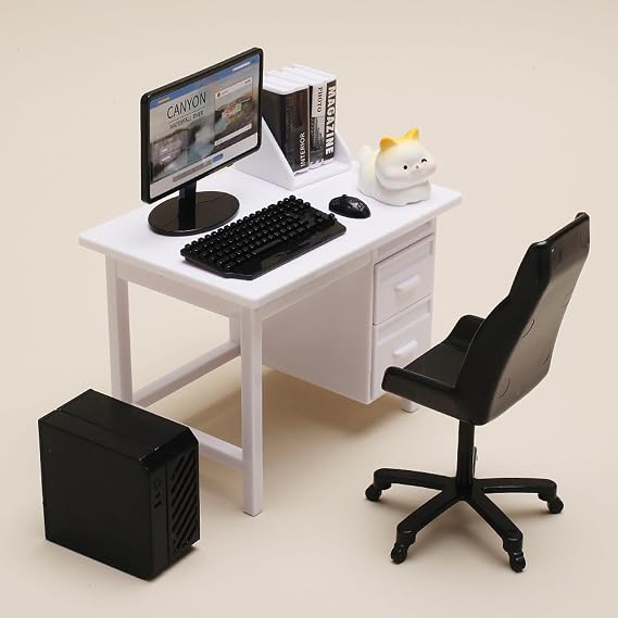 Miniature Computer Desk Set, 9-Piece Office Table Set, Mini Keyboard Mouse Bookshelf Books Chair Desk, Mini Furniture Playroom Office Accessories