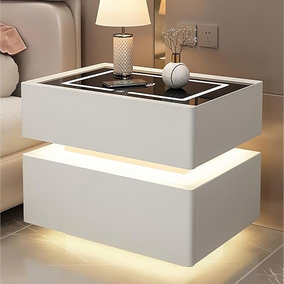 LED Floating Nightstand, Wireless Charging Night Stand With Drawers, Smart Bedside Table For Bedroom Living Room Office(White,40cm)