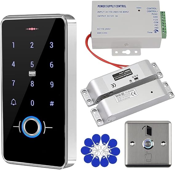 RFID Door Access Control System Kit IP68 Waterproof Fingerprint Keypad, Electronic Bolt Lock, 12V 3A Power Supply, Metal Door Switch Button, 10pcs IC 13.56MHz Keychains