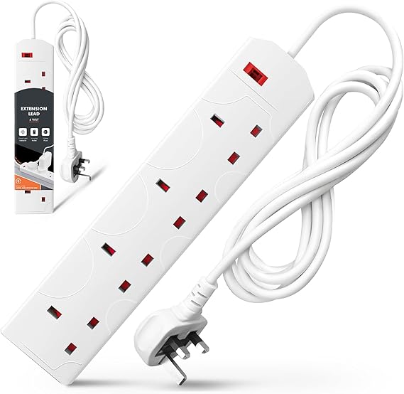 Wolf Power 4 Way Extension Lead, 2 Metre Extension Cable with UK 3 Pin Plug, Multi Socket Power Strip, Wall Mountable, Suitable for Home, Office & Appliances (White, 1 Pack)