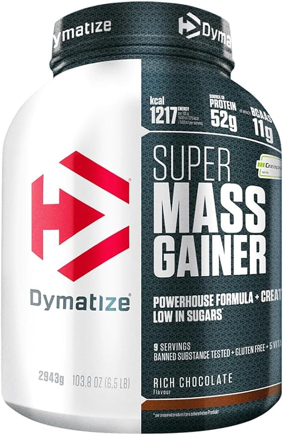 Dymatize Super Mass Gainer Rich Chocolate 2960g - Weight Gain Powder + Carbohydrates, Creapure Creatine, BCAA and Casein