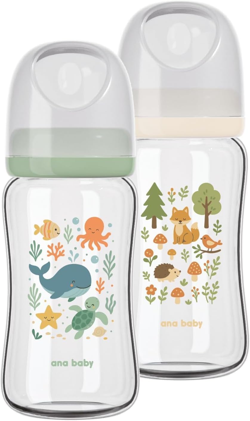 ana baby Pure Glass Bottle Set - 2 Pack | BPA-Free Borosilicate Glass Baby Feeding Bottles with Soft Silicone Teats, Anti-Colic Vented Design | Under The Sea & Woodland Patterns 240ml x 2