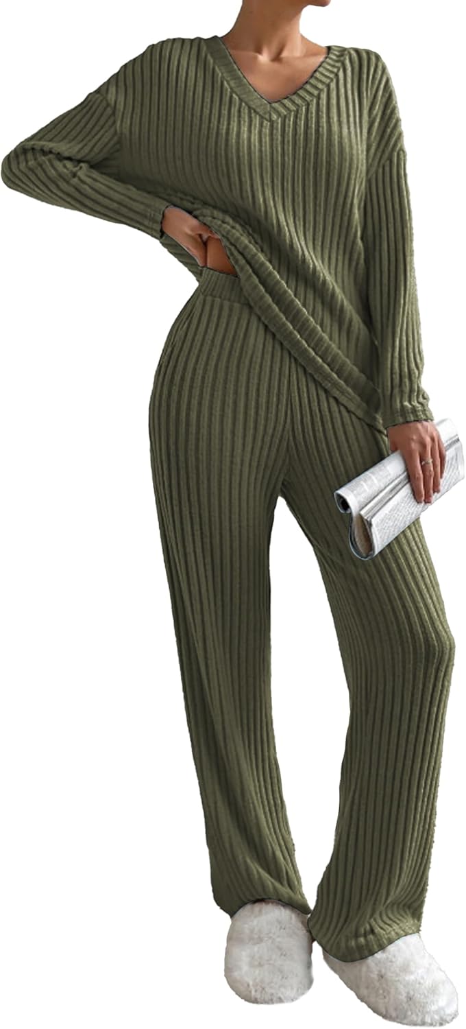 Famulily Womens Pyjamas Set Nightwear, Ladies Ribbed 2 Piece Outfits Loungewear Sets Leisure Suits Homewear V Neck Long Sleeve Jumpers and Wide Leg Trousers with Pockets