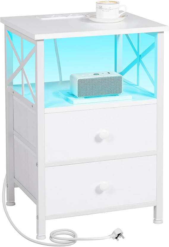 AMHANCIBLE Bedside Table, Side Table with Charging Station and Led Lights, Bedside Cabinet with 2 Fabric Storage Drawers, End Table, Sofa Side Table, Nightstand for Living Room, Bedroom White